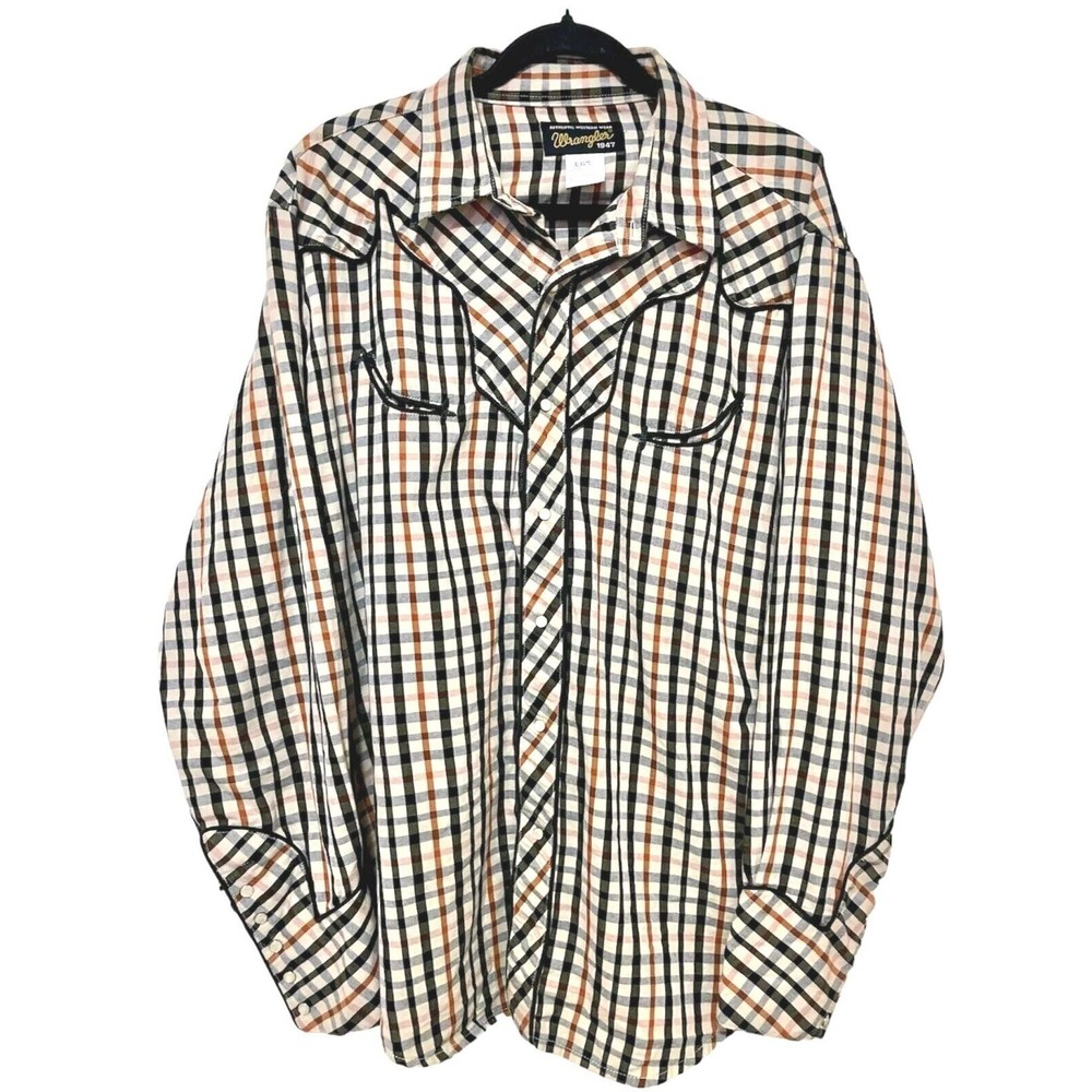 VTG Wrangler Western Shirt Pearl Snap Cowboy Hipster Plaid Size XL
